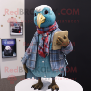 Cyan Guinea Fowl mascot costume character dressed with a Flannel Shirt and Wallets