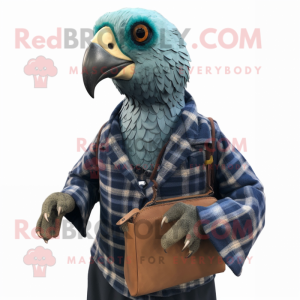 Cyan Guinea Fowl mascot costume character dressed with a Flannel Shirt and Wallets