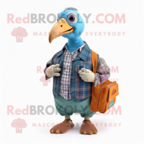 Cyan Guinea Fowl mascot costume character dressed with a Flannel Shirt and Wallets