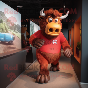 Red Yak mascot costume character dressed with a Running Shorts and Eyeglasses