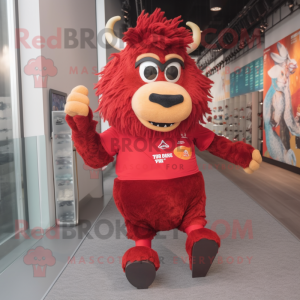 Red Yak mascot costume character dressed with a Running Shorts and Eyeglasses