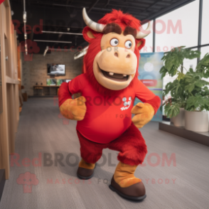 Red Yak mascot costume character dressed with a Running Shorts and Eyeglasses