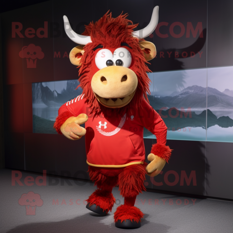 Red Yak mascot costume character dressed with a Running Shorts and Eyeglasses