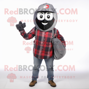 Gray Grenade mascot costume character dressed with a Flannel Shirt and Beanies