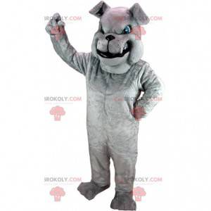 Mascote bulldog cinza com uma aparência horrível, fantasia de