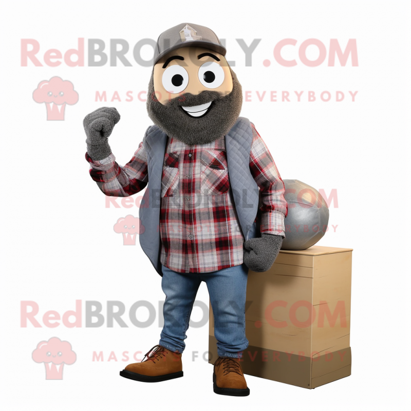 Gray Grenade mascot costume character dressed with a Flannel Shirt and Beanies