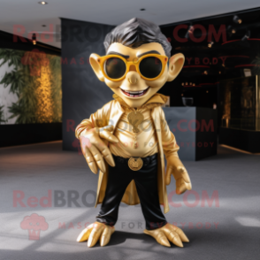 Gold Vampire mascot costume character dressed with a V-Neck Tee and Eyeglasses