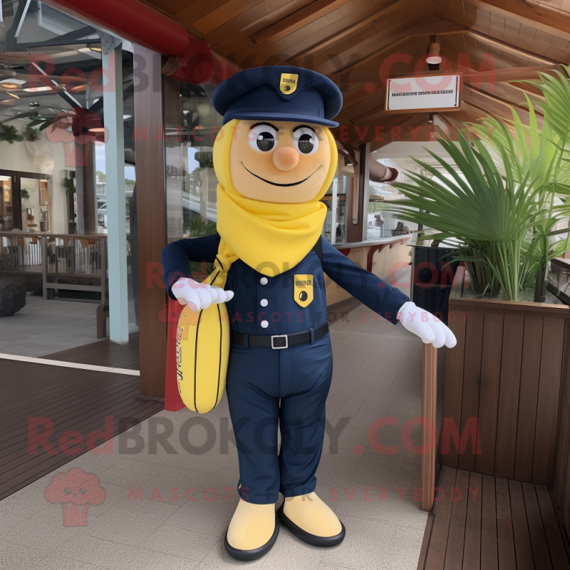 Navy Banana mascot costume character dressed with a Chinos and Messenger bags