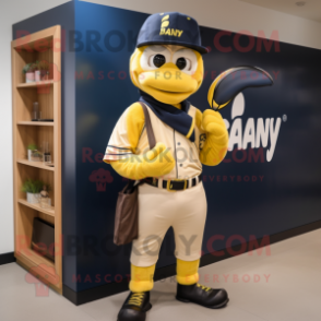 Navy Banana mascot costume character dressed with a Chinos and Messenger bags