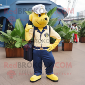 Navy Banana mascot costume character dressed with a Chinos and Messenger bags