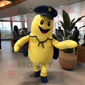 Navy Banana mascot costume character dressed with a Chinos and Messenger bags