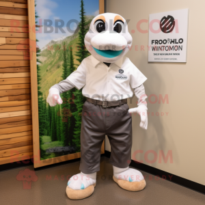 White Salmon mascot costume character dressed with a Polo Tee and Shoe laces