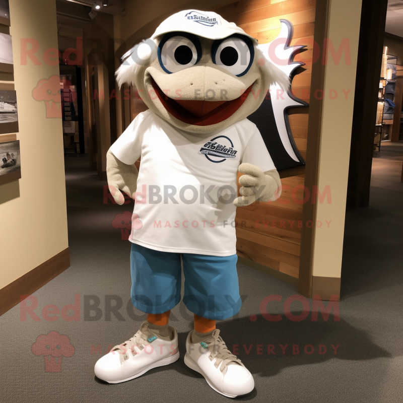 White Salmon mascot costume character dressed with a Polo Tee and Shoe laces White Salmon mascot costume character dressed with a Polo Tee and Shoe laces