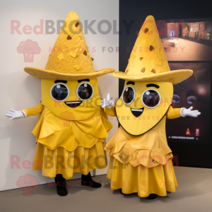 Gold Nachos mascot costume character dressed with a Evening Gown and Berets