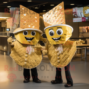 Gold Nachos mascot costume character dressed with a Evening Gown and Berets