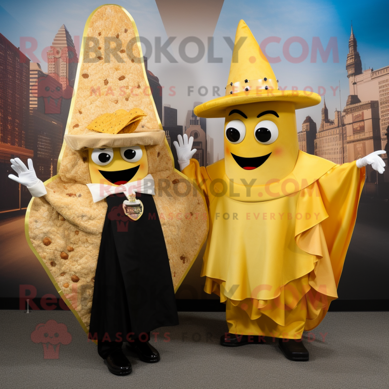 Gold Nachos mascot costume character dressed with a Evening Gown and Berets