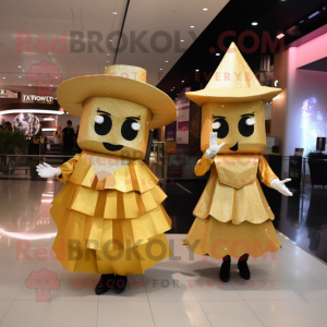 Gold Nachos mascot costume character dressed with a Evening Gown and Berets