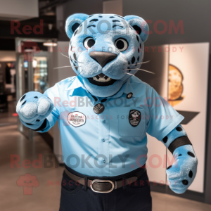 Sky Blue Jaguar mascot costume character dressed with a Button-Up Shirt and Belts