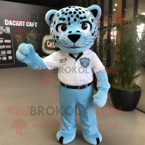 Sky Blue Jaguar mascot costume character dressed with a Button-Up Shirt and Belts