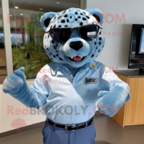 Sky Blue Jaguar mascot costume character dressed with a Button-Up Shirt and Belts