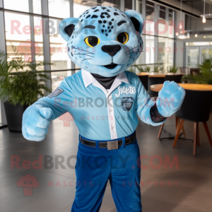 Sky Blue Jaguar mascot costume character dressed with a Button-Up Shirt and Belts