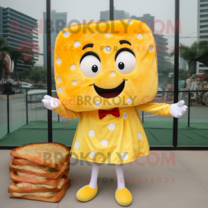 Lemon Yellow Grilled Cheese Sandwich mascot costume character dressed with a Blouse and Hairpins