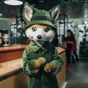 Forest Green Fox mascot costume character dressed with a Wrap Dress and Berets