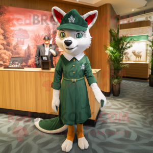 Forest Green Fox mascot costume character dressed with a Wrap Dress and Berets