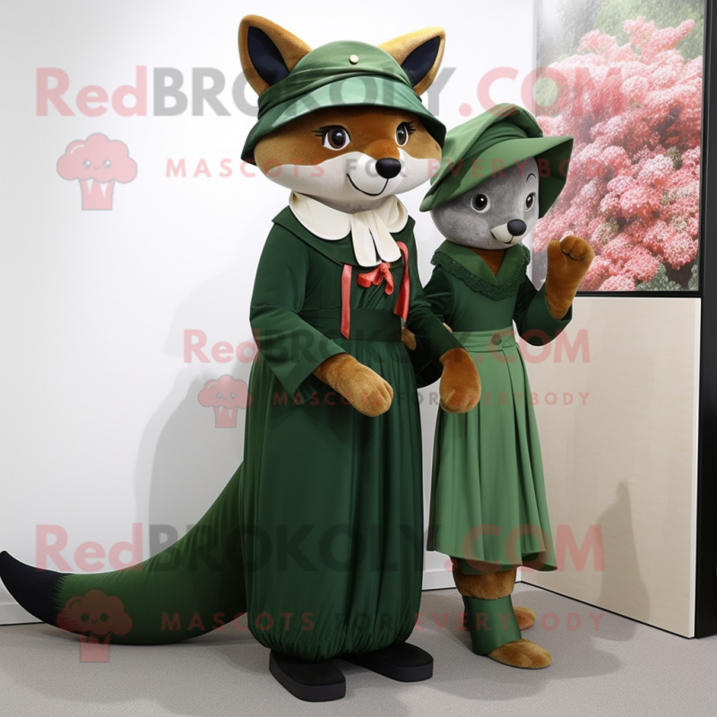 Forest Green Fox mascot costume character dressed with a Wrap Dress and Berets