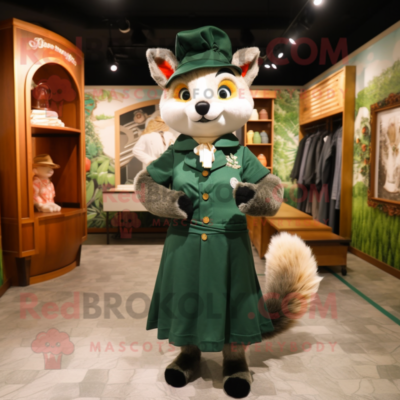 Forest Green Fox mascot costume character dressed with a Wrap Dress and Berets Forest Green Fox mascot costume character dressed with a Wrap Dress and Berets