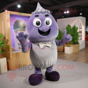 Gray Eggplant mascot costume character dressed with a Dungarees and Bow ties