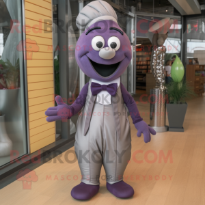 Gray Eggplant mascot costume character dressed with a Dungarees and Bow ties