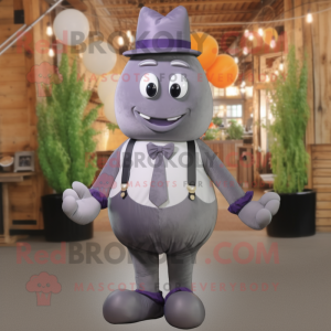 Gray Eggplant mascot costume character dressed with a Dungarees and Bow ties