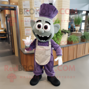 Gray Eggplant mascot costume character dressed with a Dungarees and Bow ties