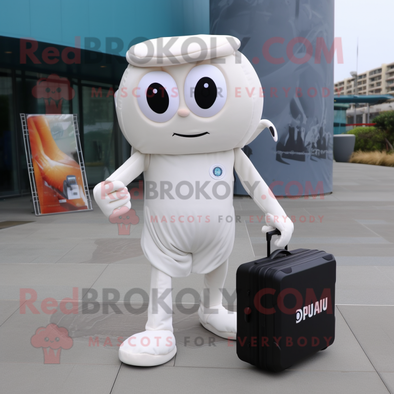 White Squid mascot costume character dressed with a Jumpsuit and Briefcases White Squid mascot costume character dressed with a Jumpsuit and Briefcases