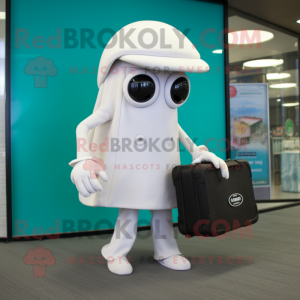 White Squid mascot costume character dressed with a Jumpsuit and Briefcases