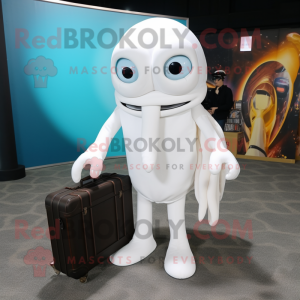 White Squid mascot costume character dressed with a Jumpsuit and Briefcases