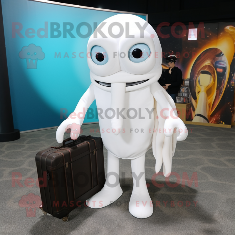 White Squid mascot costume character dressed with a Jumpsuit and Briefcases White Squid mascot costume character dressed with a Jumpsuit and Briefcases