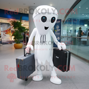 White Squid mascot costume character dressed with a Jumpsuit and Briefcases