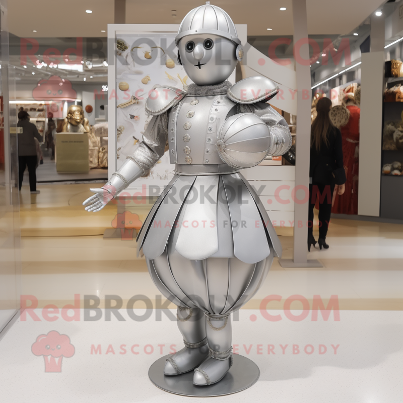 Silver Soldier mascot costume character dressed with a Ball Gown and Anklets Silver Soldier mascot costume character dressed with a Ball Gown and Anklets