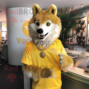 Gold Say Wolf mascot costume character dressed with a Henley Shirt and Lapel pins