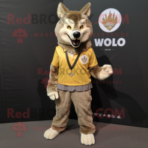 Gold Say Wolf mascot costume character dressed with a Henley Shirt and Lapel pins