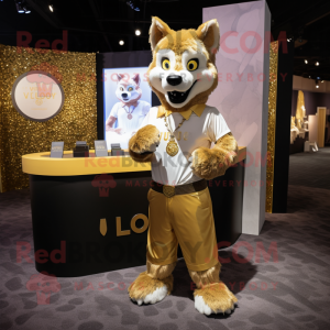 Gold Say Wolf mascot costume character dressed with a Henley Shirt and Lapel pins