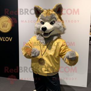 Gold Say Wolf mascot costume character dressed with a Henley Shirt and Lapel pins