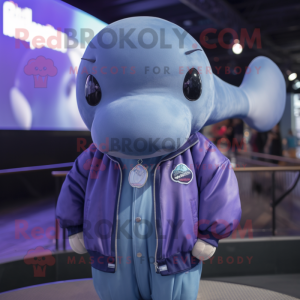 Lavender Blue Whale mascot costume character dressed with a Bomber Jacket and Cufflinks