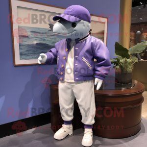 Lavender Blue Whale mascot costume character dressed with a Bomber Jacket and Cufflinks