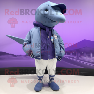 Lavender Blue Whale mascot costume character dressed with a Bomber Jacket and Cufflinks