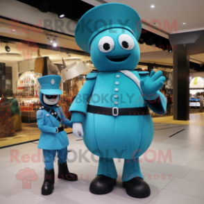 Turquoise Soldier mascot costume character dressed with a Circle Skirt and Watches