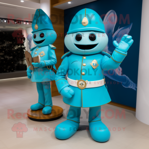 Turquoise Soldier mascot costume character dressed with a Circle Skirt and Watches