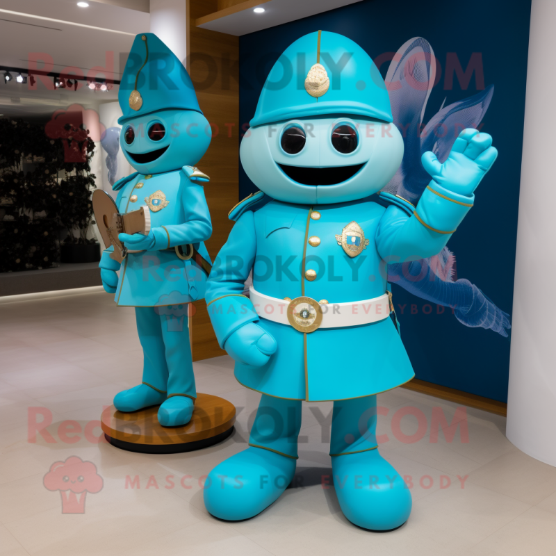 Turquoise Soldier mascot costume character dressed with a Circle Skirt and Watches